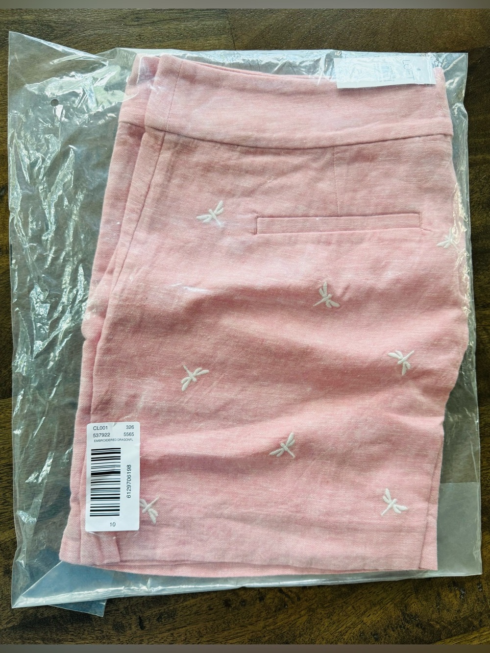 LOFT Pink Linen Shorts with White Embroidery